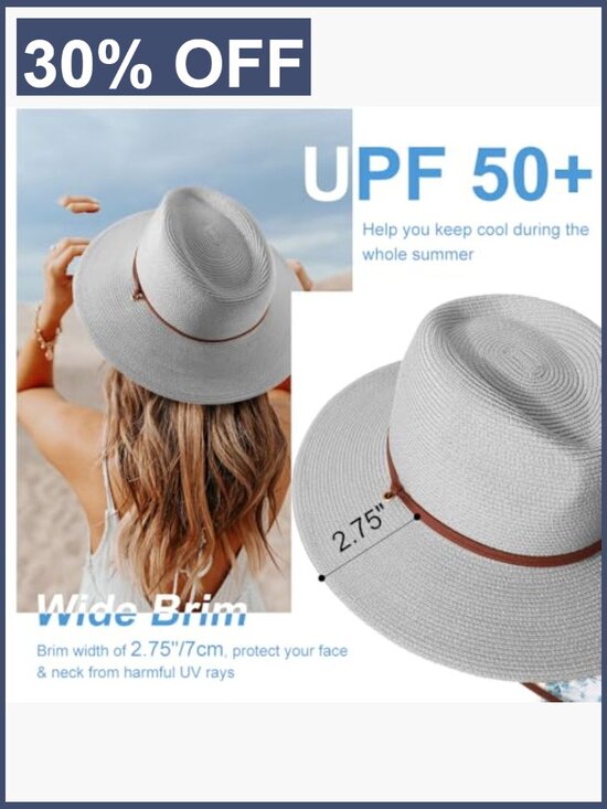 Wide Brim Straw Sun Hat with Chin Strap UPF 50+ Fedora Bucket Hat main image 7